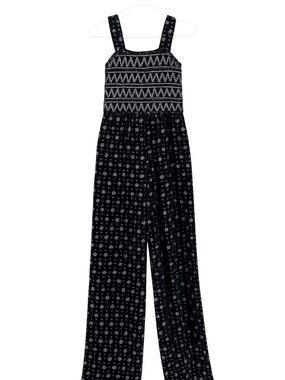 Girls Black Printed Smocked Jumpsuit
